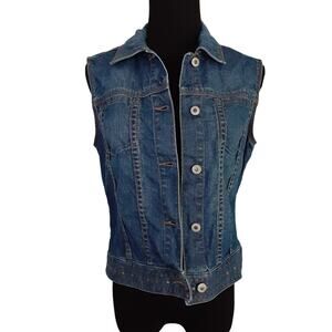 Vintage Gilet Denim Vest Studded Hem Y2K Jean Jacket Sleeveless Womens S Grunge